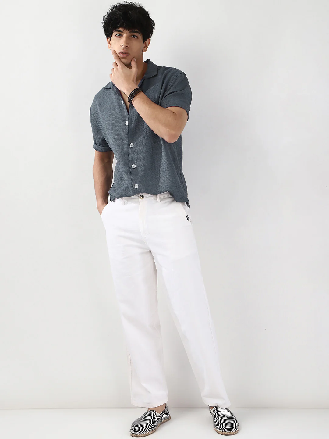 Men's Slate Blue Cotton Half Sleeve Oversized Fit Textured Shirt with Cuban Collar - Image 4