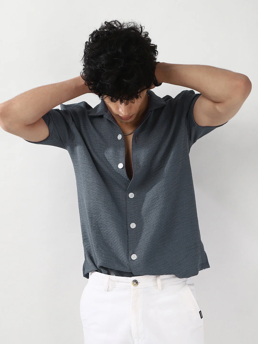 Men's Slate Blue Cotton Half Sleeve Oversized Fit Textured Shirt with Cuban Collar - Image 5