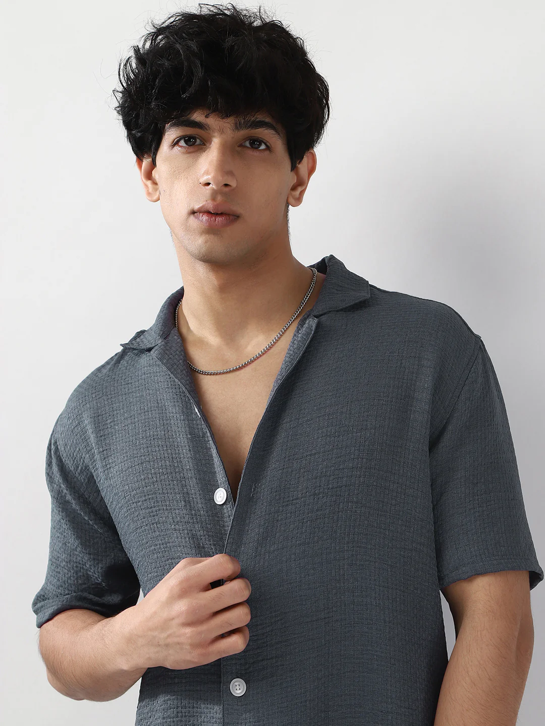 Men's Slate Blue Cotton Half Sleeve Oversized Fit Textured Shirt with Cuban Collar - Image 6