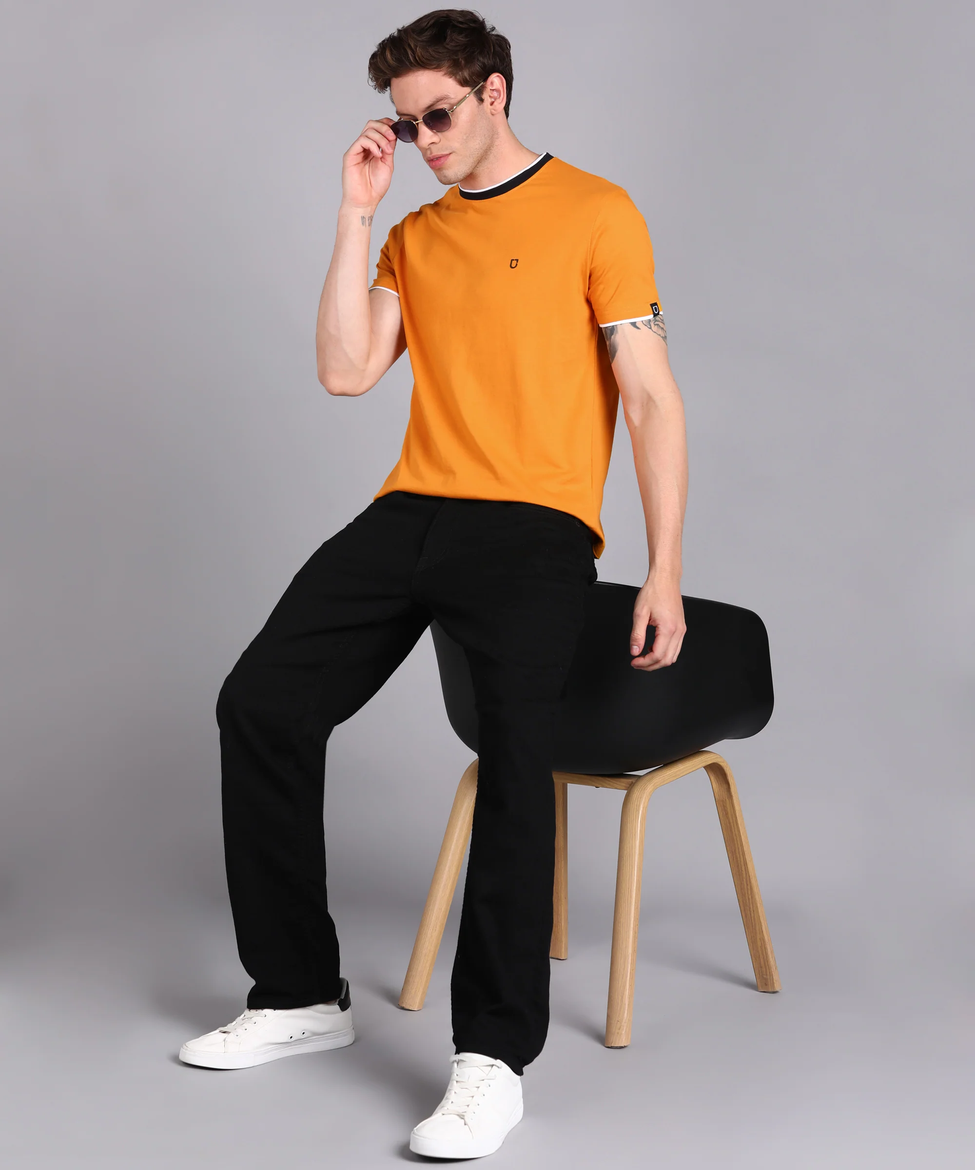 Men's Solid Gold Round Neck Half Sleeve Slim Fit Cotton T-Shirt - Image 4