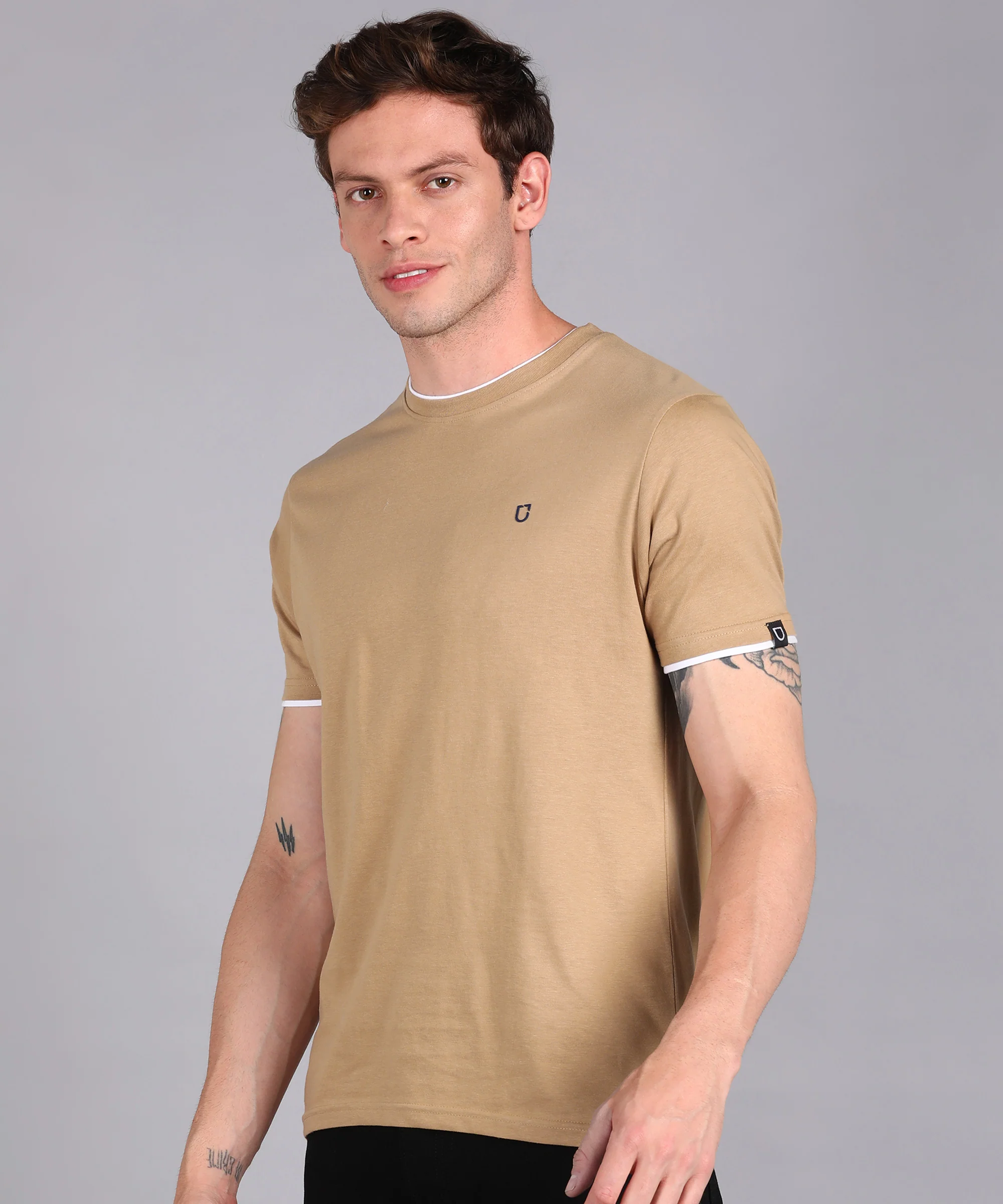 Men's Solid Khaki Round Neck Half Sleeve Slim Fit Cotton T-Shirt - Image 2