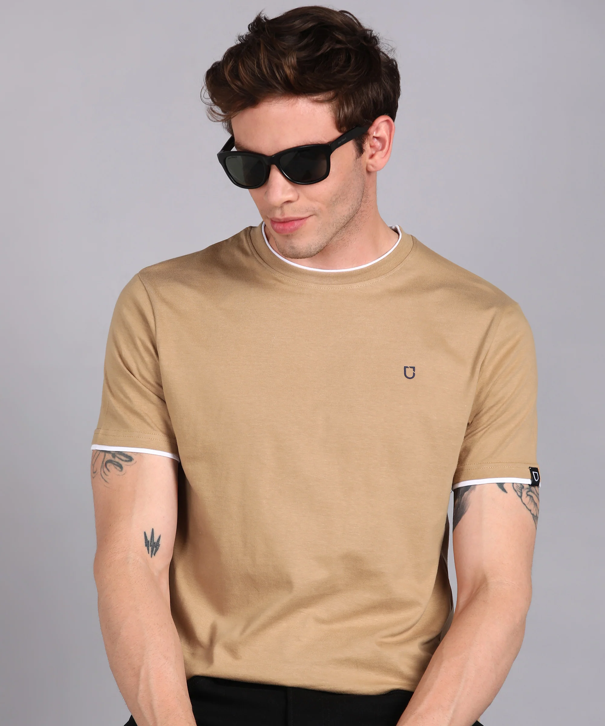 Men's Solid Khaki Round Neck Half Sleeve Slim Fit Cotton T-Shirt - Image 3