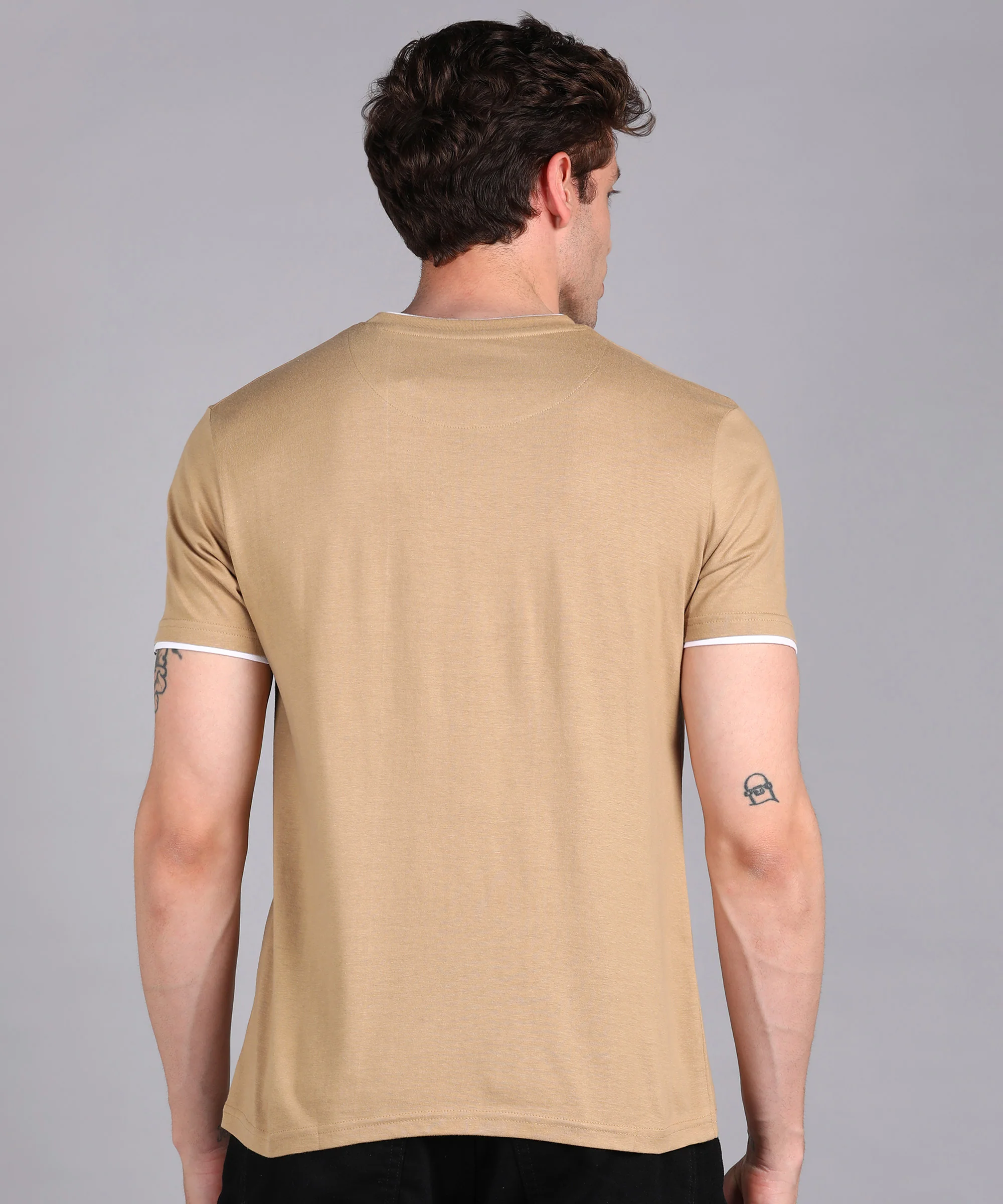 Men's Solid Khaki Round Neck Half Sleeve Slim Fit Cotton T-Shirt - Image 4