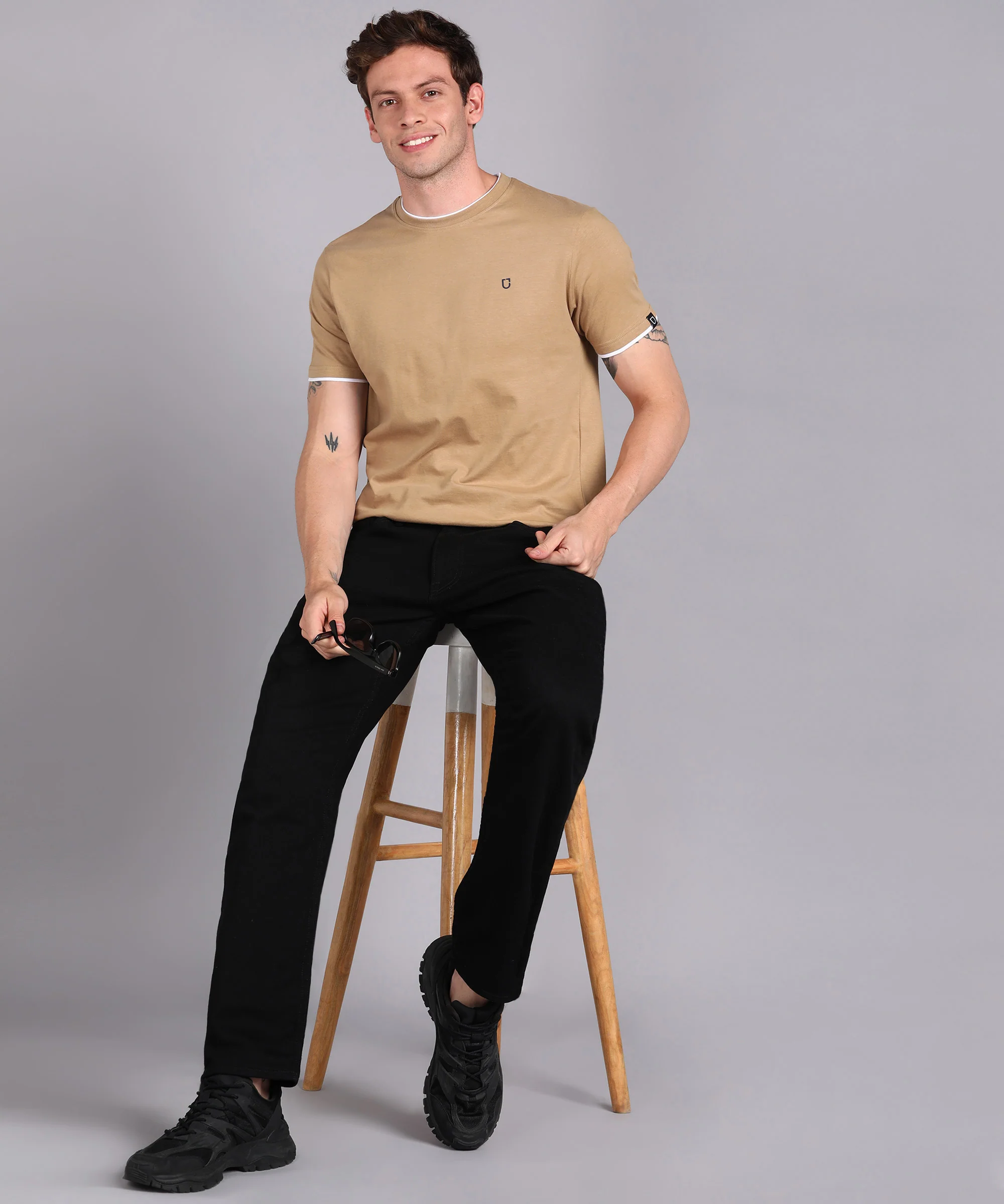 Men's Solid Khaki Round Neck Half Sleeve Slim Fit Cotton T-Shirt - Image 5