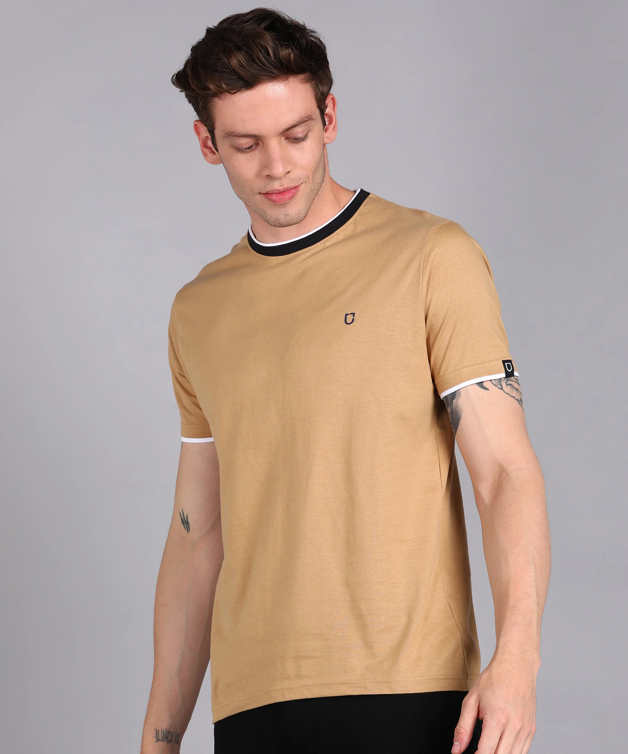 Men's Solid Khaki Round Neck Half Sleeve Slim Fit Cotton T-Shirt - Image 2