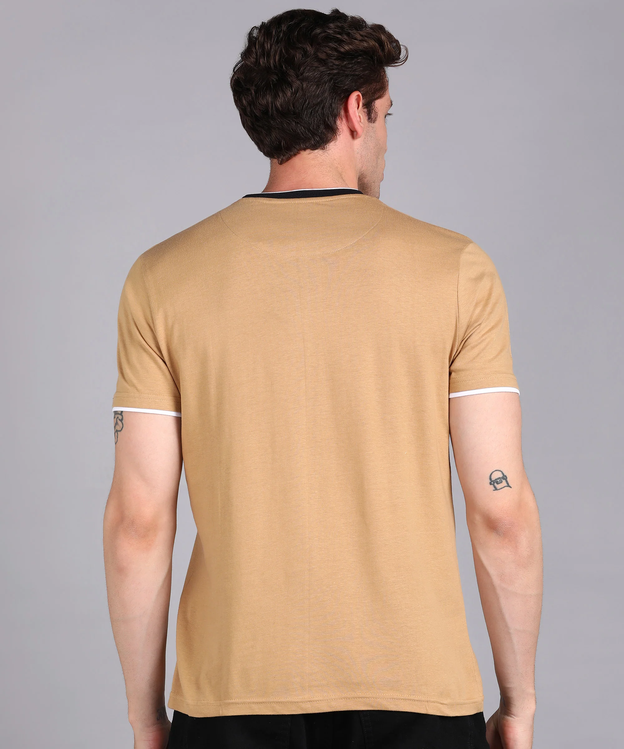 Men's Solid Khaki Round Neck Half Sleeve Slim Fit Cotton T-Shirt - Image 3