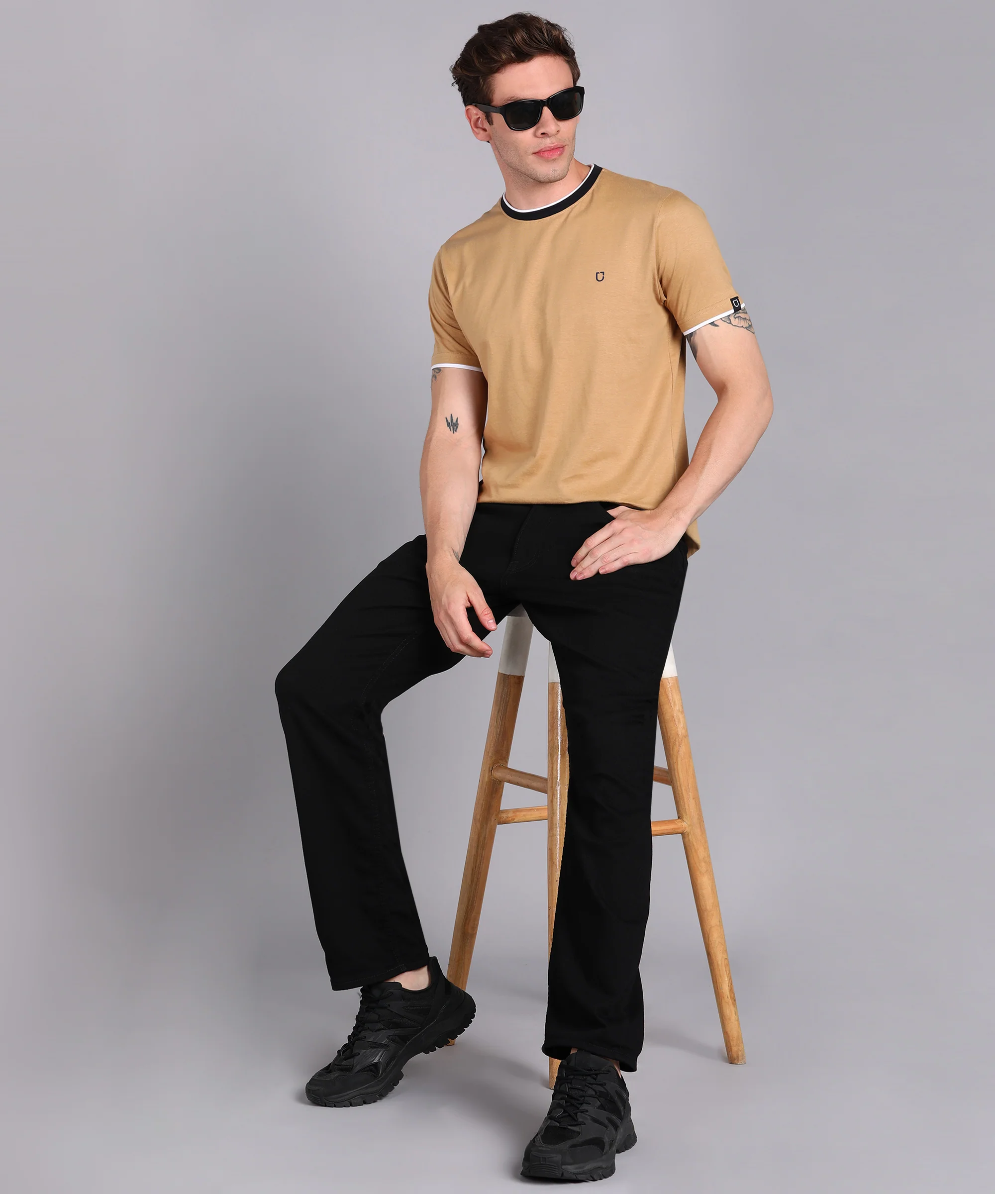Men's Solid Khaki Round Neck Half Sleeve Slim Fit Cotton T-Shirt - Image 4