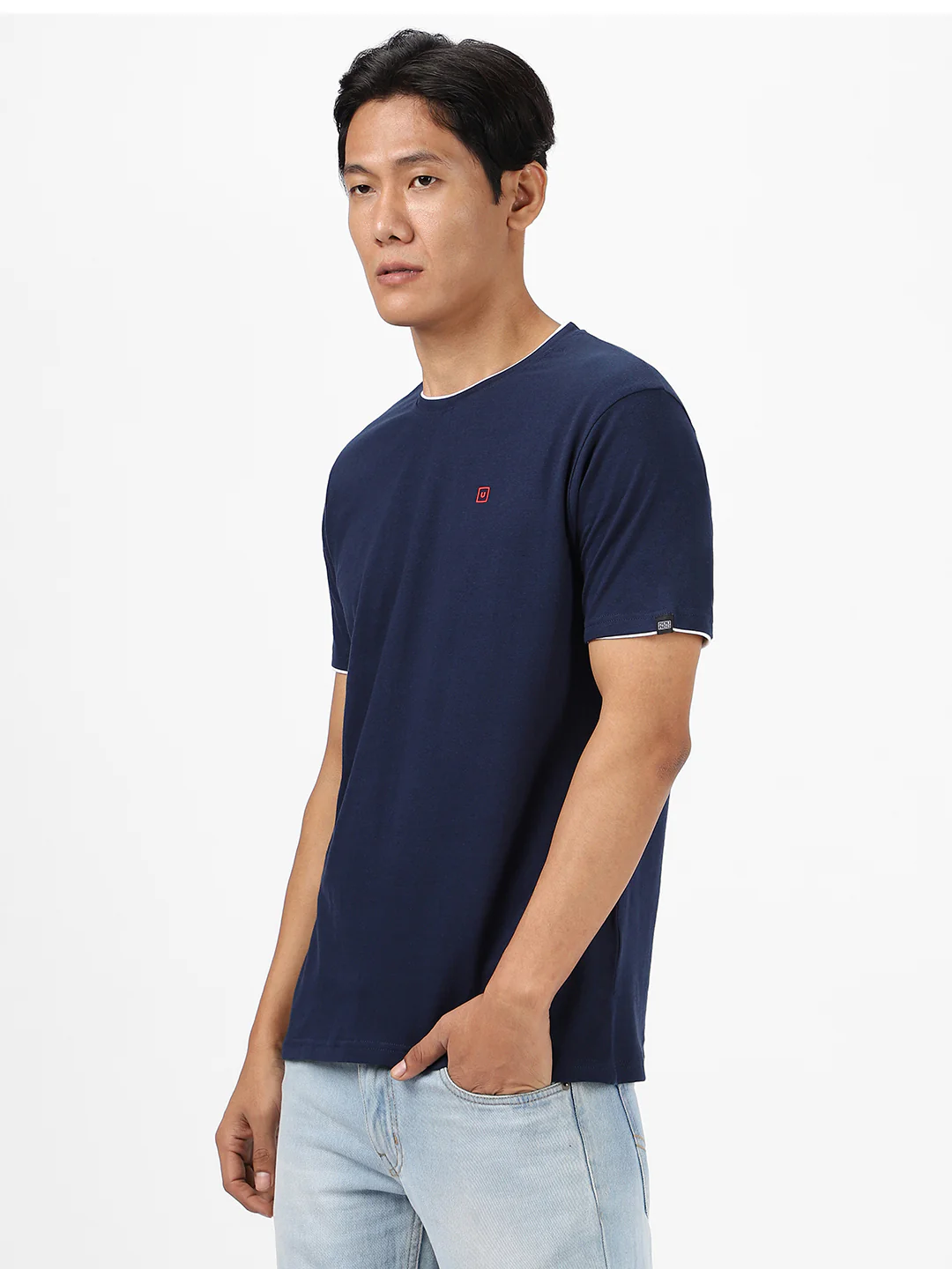 Men's Solid Navy Blue Round Neck Half Sleeve Slim Fit Cotton T-Shirt - Image 3