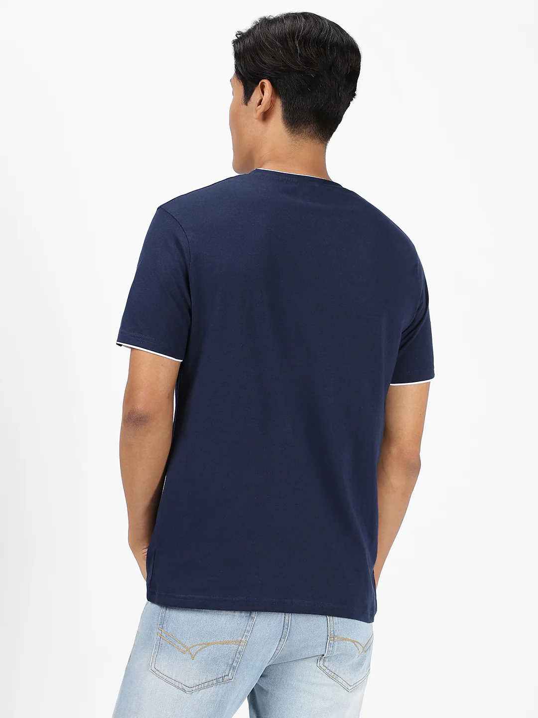 Men's Solid Navy Blue Round Neck Half Sleeve Slim Fit Cotton T-Shirt - Image 4