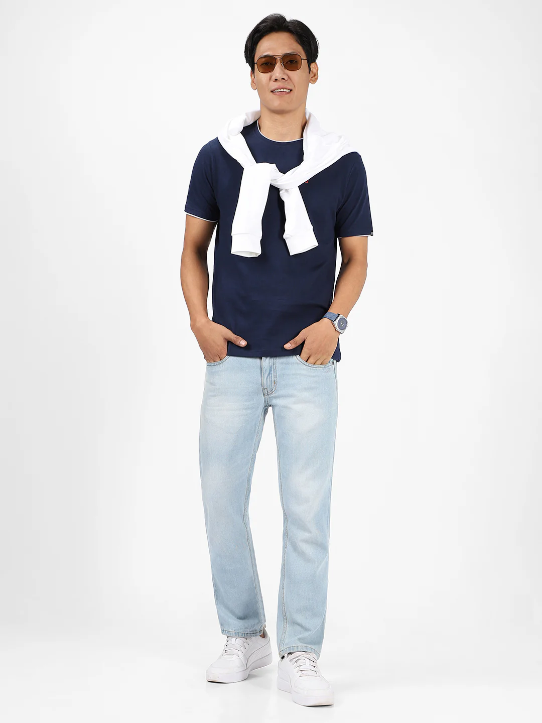 Men's Solid Navy Blue Round Neck Half Sleeve Slim Fit Cotton T-Shirt - Image 5