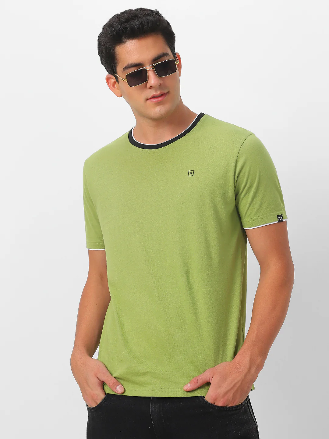 Men's Solid Olive Round Neck Half Sleeve Slim Fit Cotton T-Shirt - Image 2