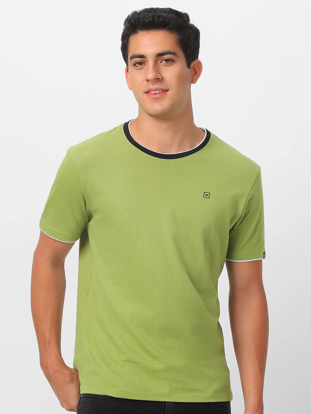 Men's Solid Olive Round Neck Half Sleeve Slim Fit Cotton T-Shirt - Image 3