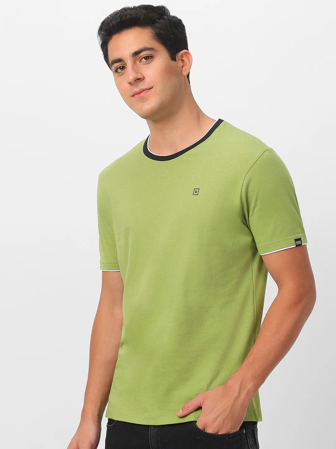 Men's Solid Olive Round Neck Half Sleeve Slim Fit Cotton T-Shirt - Image 4