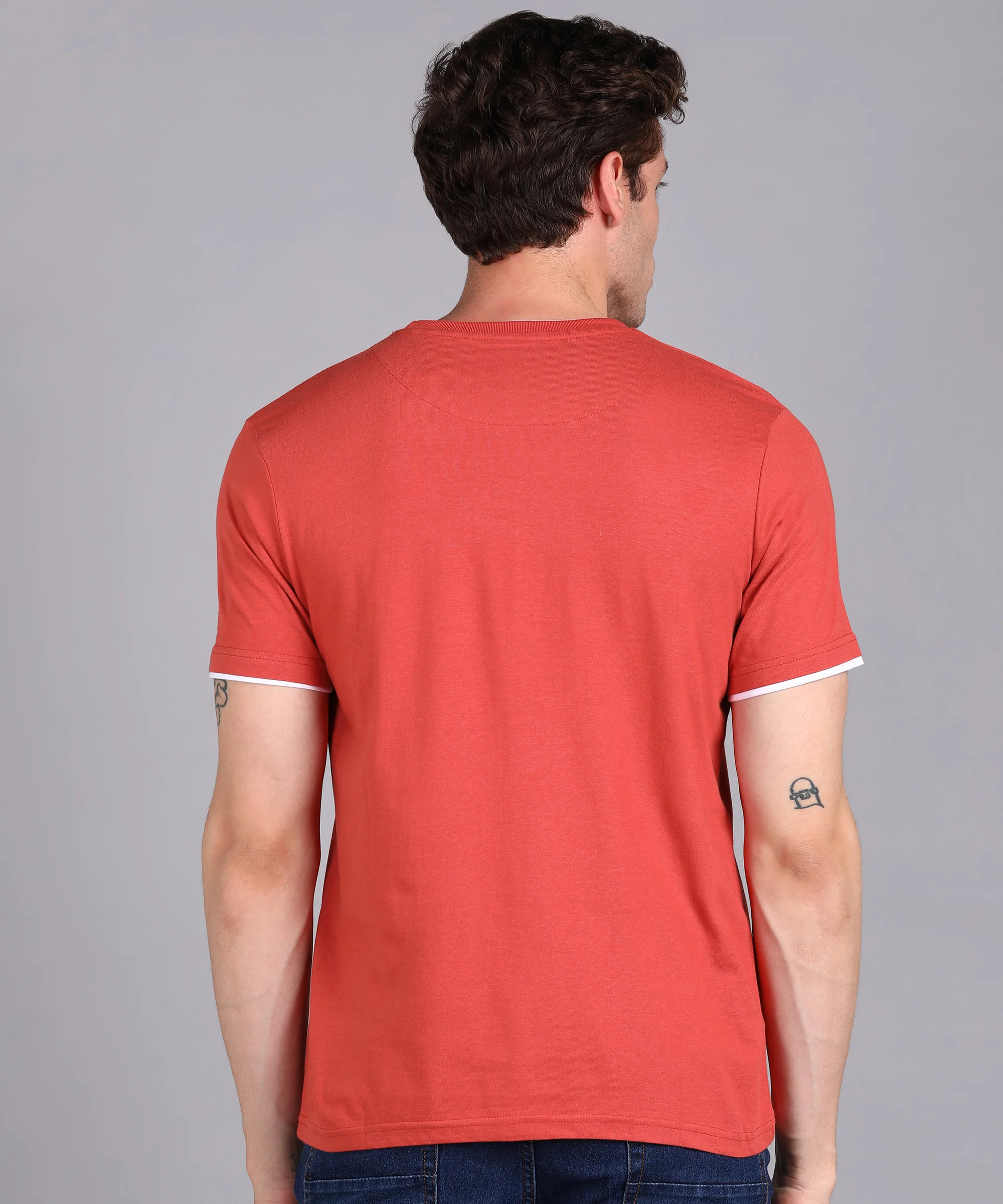 Men's Solid Orange Round Neck Half Sleeve Slim Fit Cotton T-Shirt - Image 3