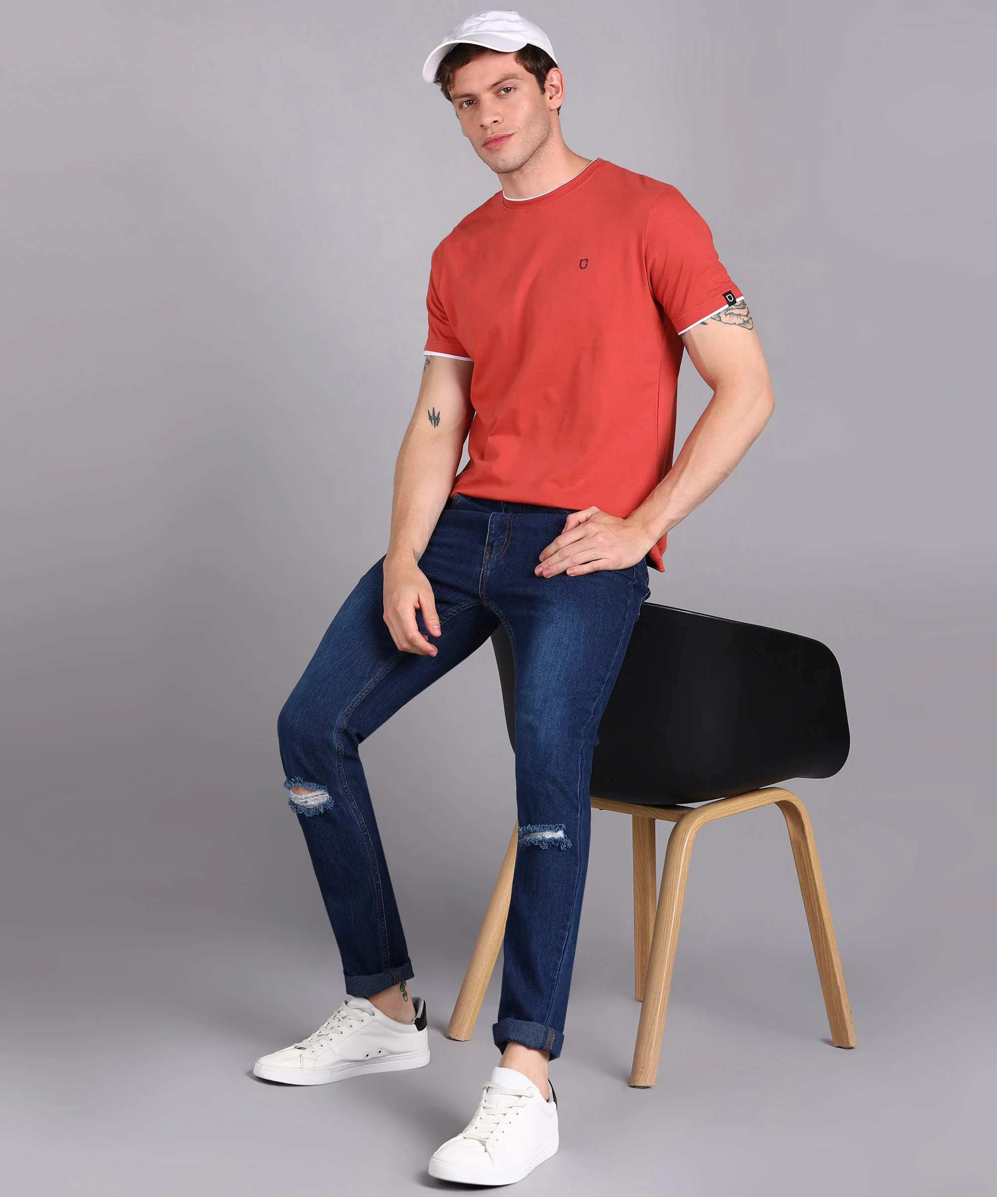 Men's Solid Orange Round Neck Half Sleeve Slim Fit Cotton T-Shirt - Image 4