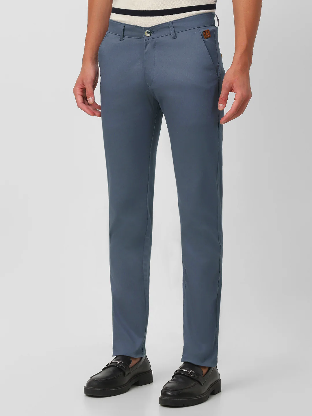 Men's Steel Blue Cotton Slim Fit Casual Chinos Trousers Stretch - Image 2