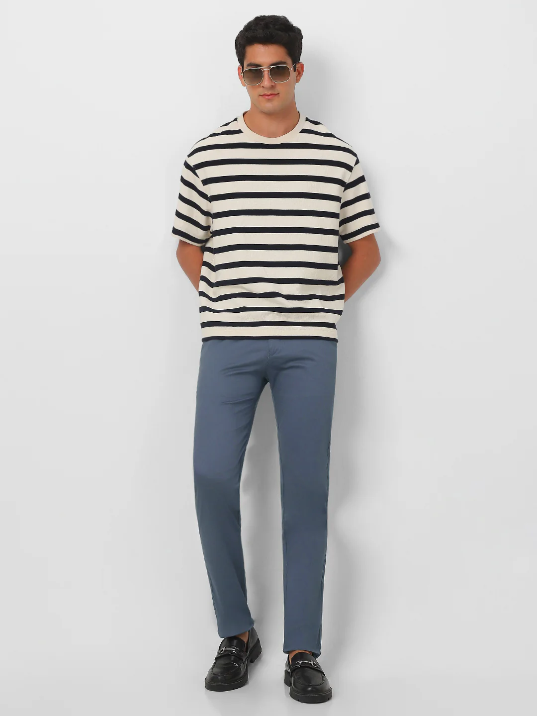 Men's Steel Blue Cotton Slim Fit Casual Chinos Trousers Stretch - Image 4