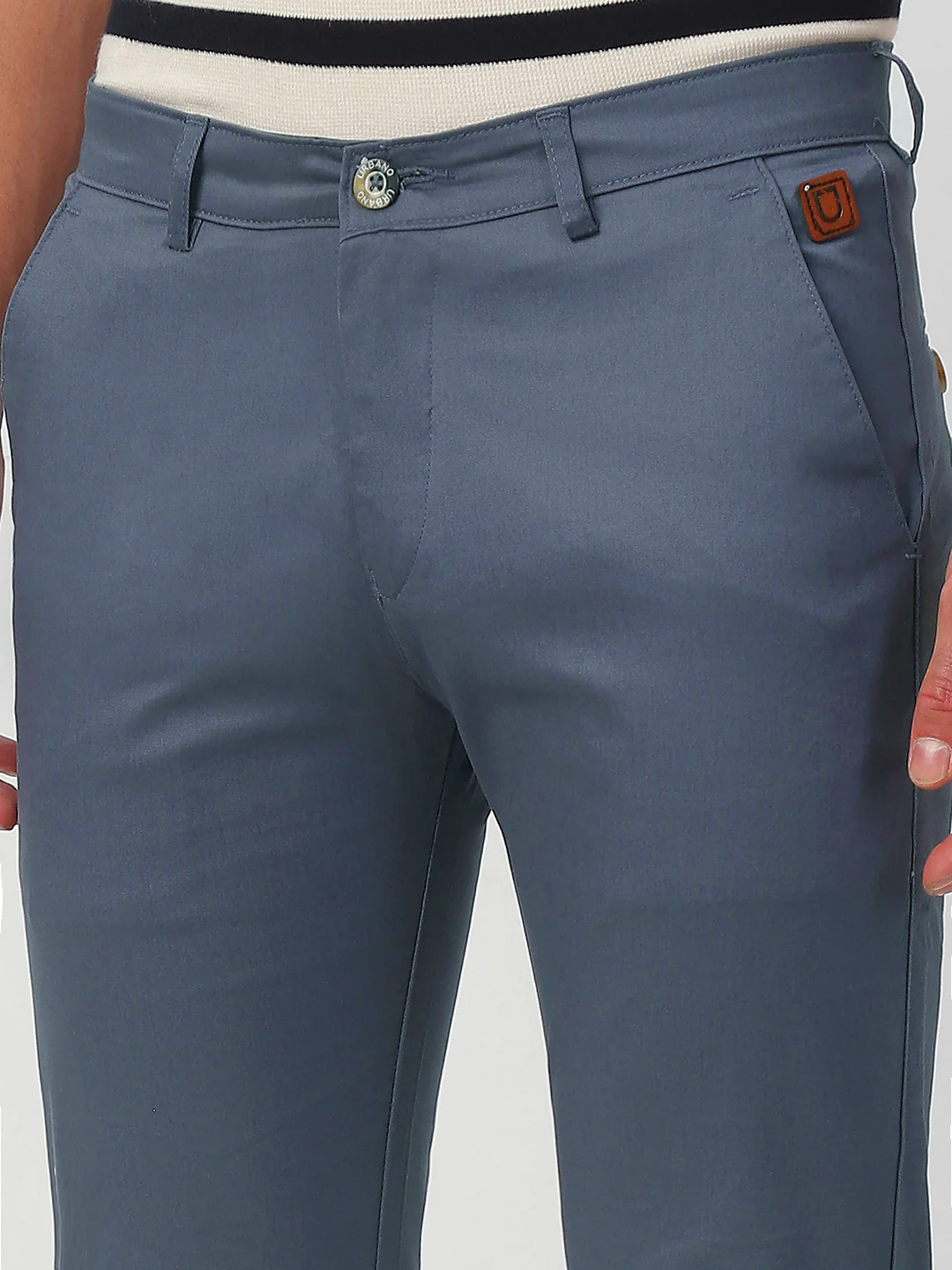 Men's Steel Blue Cotton Slim Fit Casual Chinos Trousers Stretch - Image 5