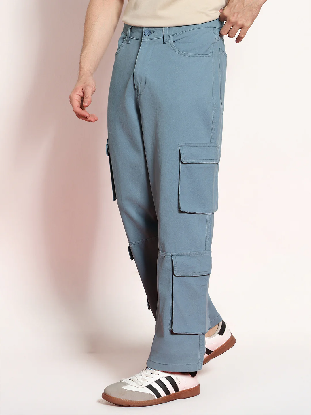 Men's Steel Blue Loose Baggy Fit Cargo Chino Pant with 8 Pockets Stretchable - Image 3