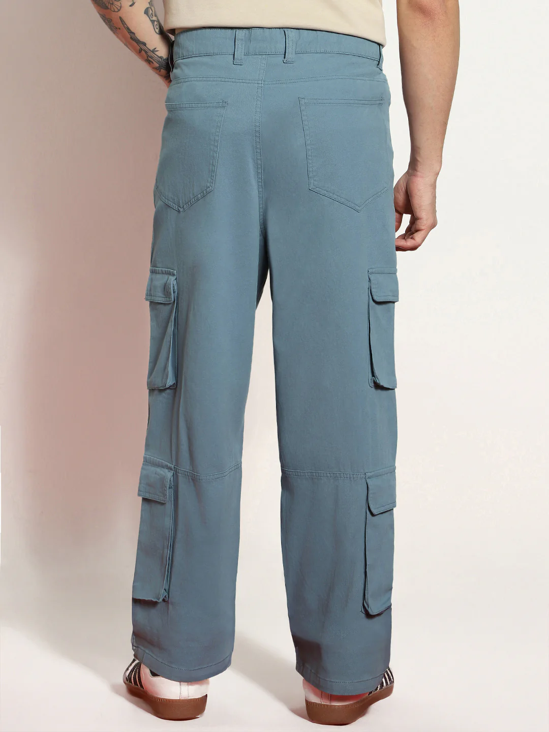 Men's Steel Blue Loose Baggy Fit Cargo Chino Pant with 8 Pockets Stretchable - Image 4