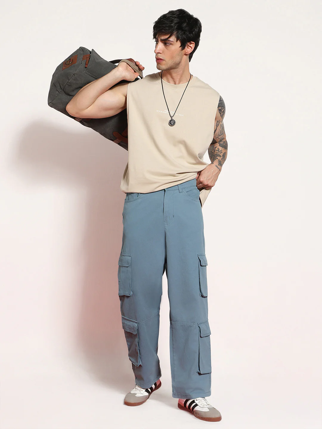 Men's Steel Blue Loose Baggy Fit Cargo Chino Pant with 8 Pockets Stretchable - Image 5