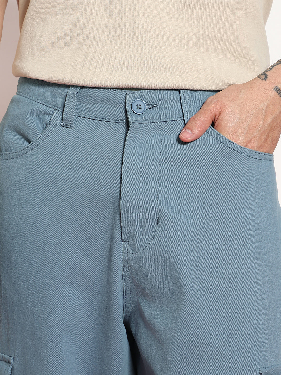 Men's Steel Blue Loose Baggy Fit Cargo Chino Pant with 8 Pockets Stretchable - Image 7