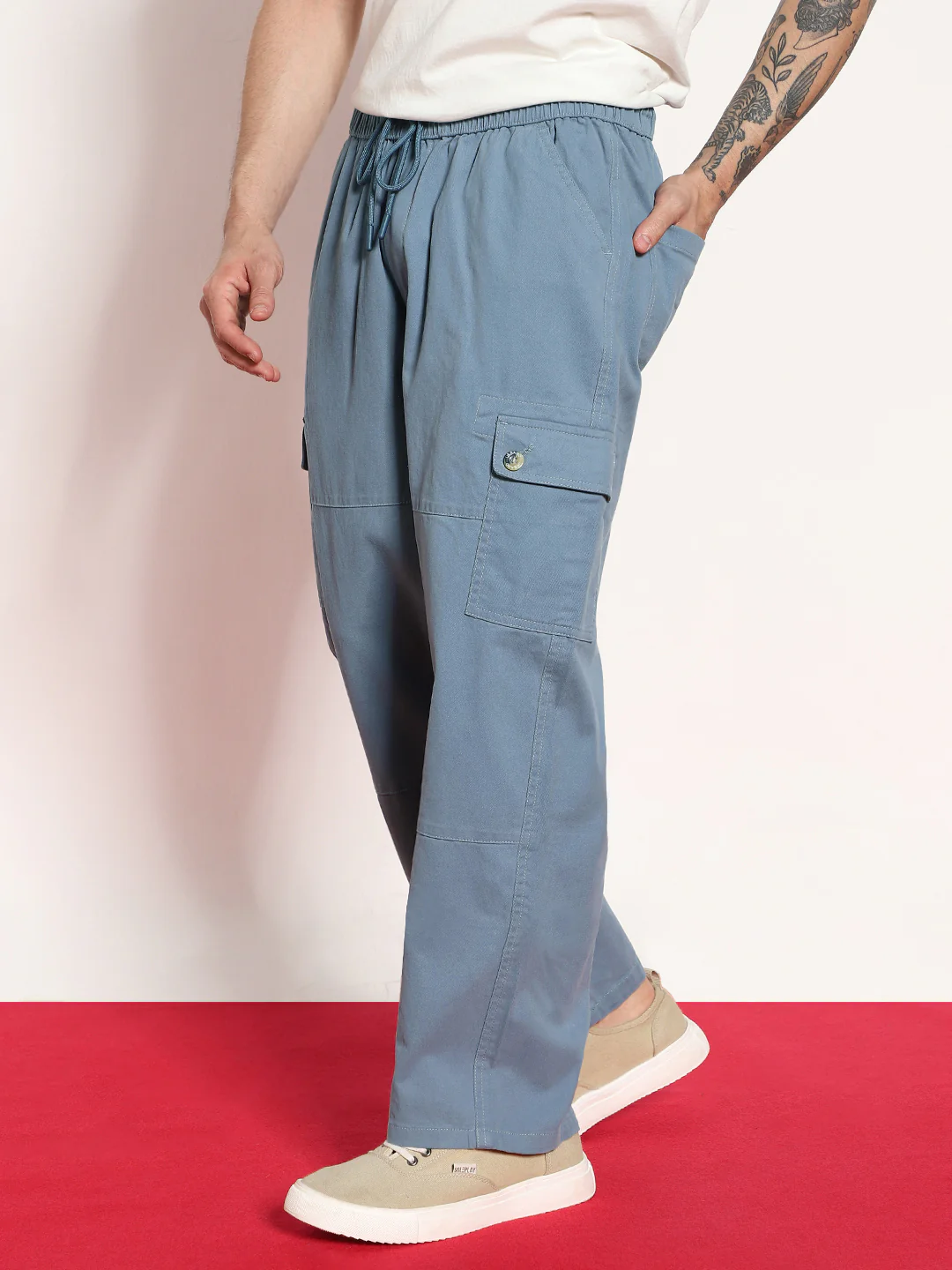 Men's Steel Blue Loose Baggy Fit Cargo Jogger Chino Pant with 6 Pockets Stretchable - Image 2