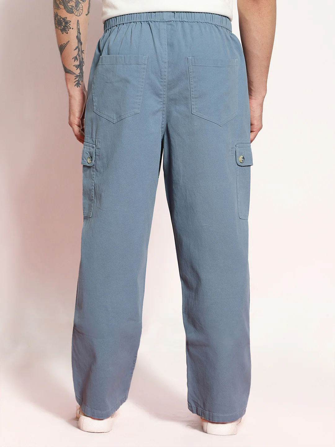 Men's Steel Blue Loose Baggy Fit Cargo Jogger Chino Pant with 6 Pockets Stretchable - Image 3