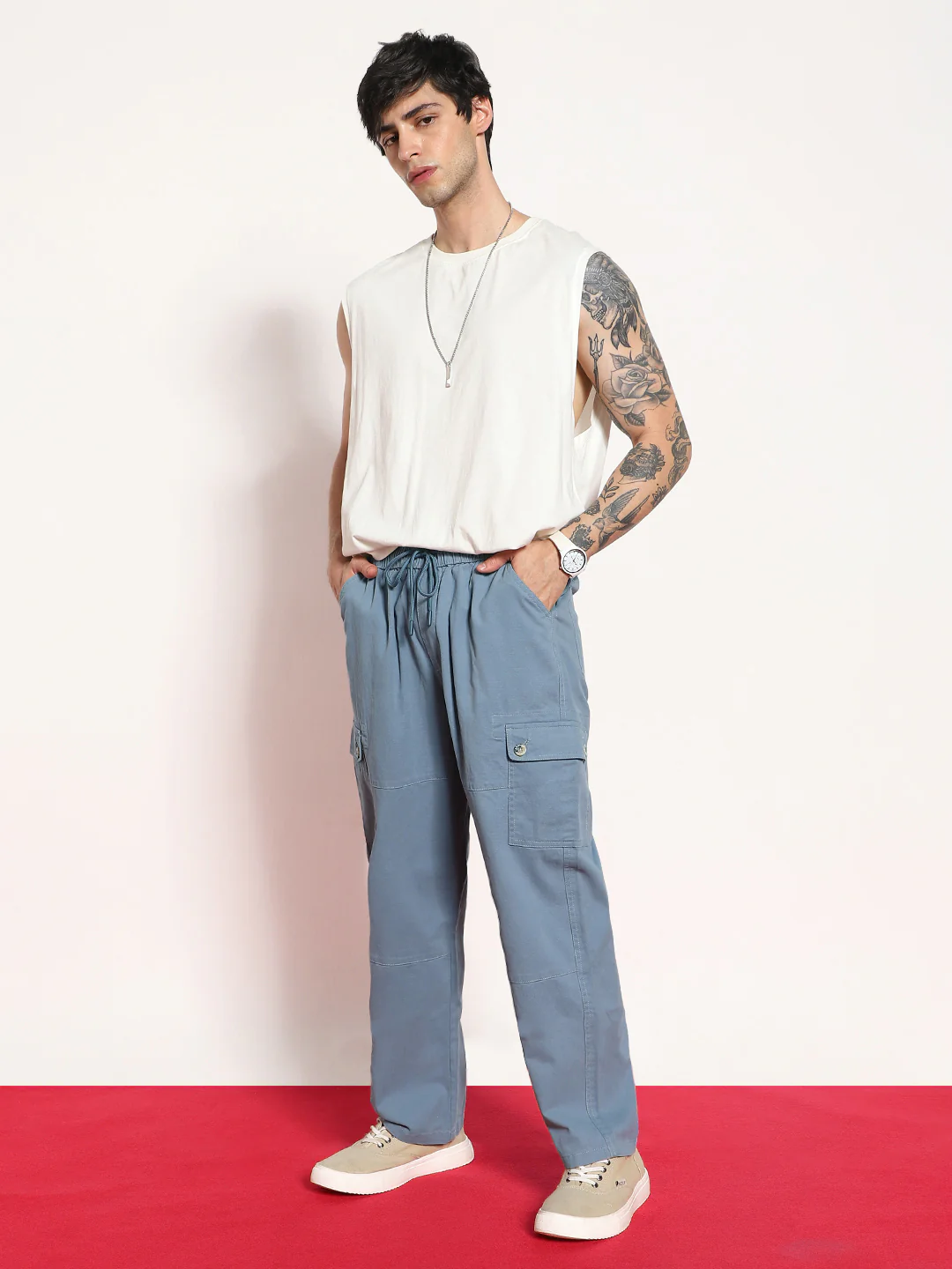 Men's Steel Blue Loose Baggy Fit Cargo Jogger Chino Pant with 6 Pockets Stretchable - Image 4