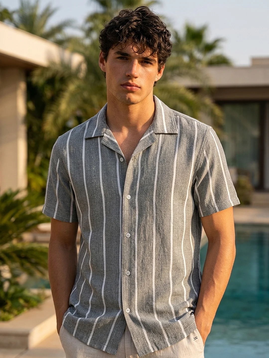 Men's Steel Cotton Half Sleeve Relaxed Fit Linen Striped Shirt with Cuban Collar