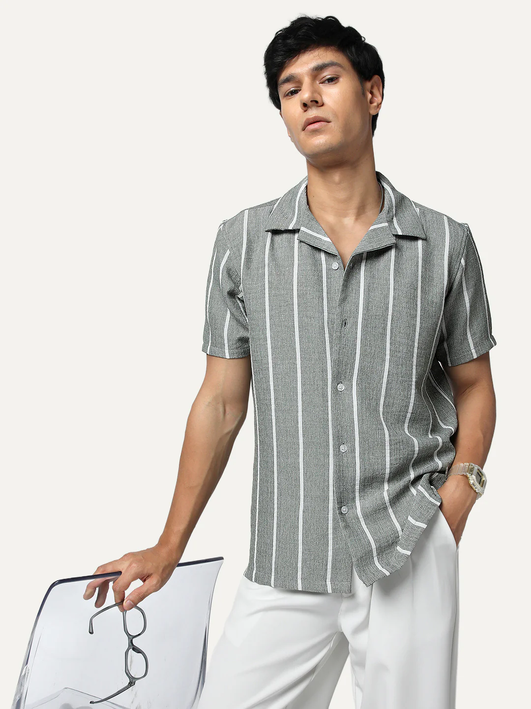 Men's Steel Cotton Half Sleeve Relaxed Fit Linen Striped Shirt with Cuban Collar - Image 2