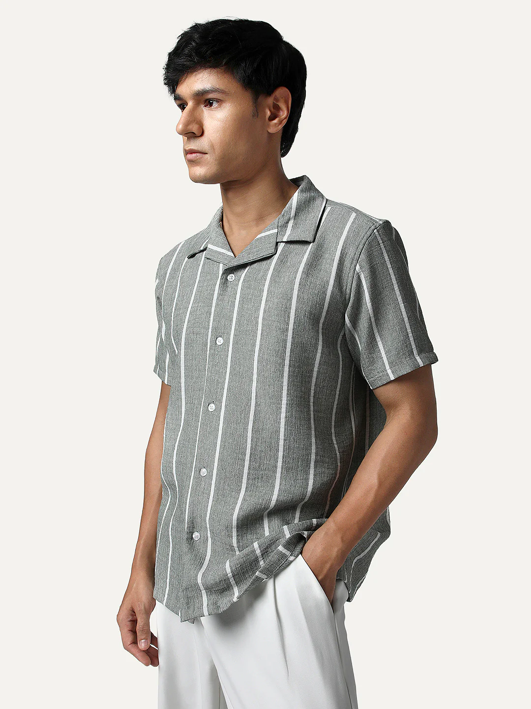 Men's Steel Cotton Half Sleeve Relaxed Fit Linen Striped Shirt with Cuban Collar - Image 3