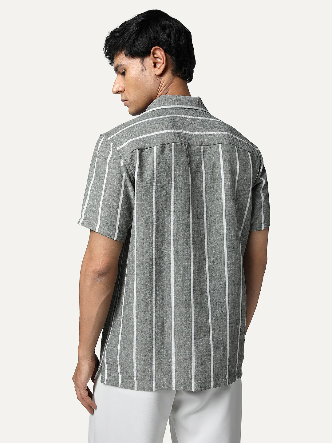 Men's Steel Cotton Half Sleeve Relaxed Fit Linen Striped Shirt with Cuban Collar - Image 4