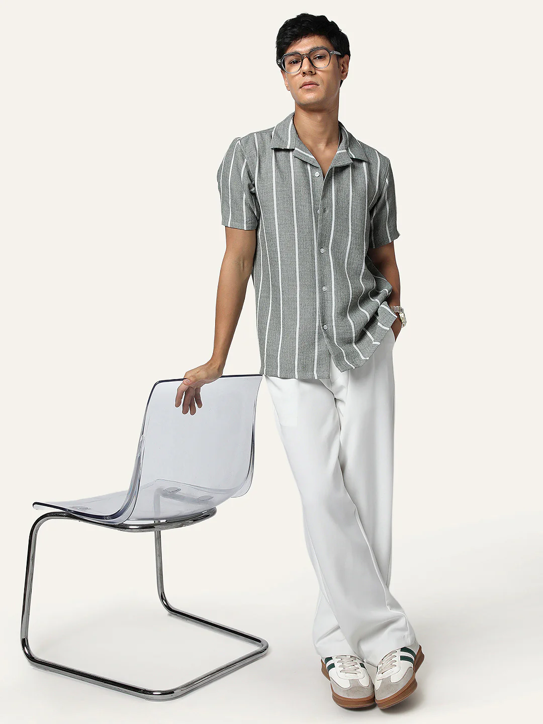 Men's Steel Cotton Half Sleeve Relaxed Fit Linen Striped Shirt with Cuban Collar - Image 5
