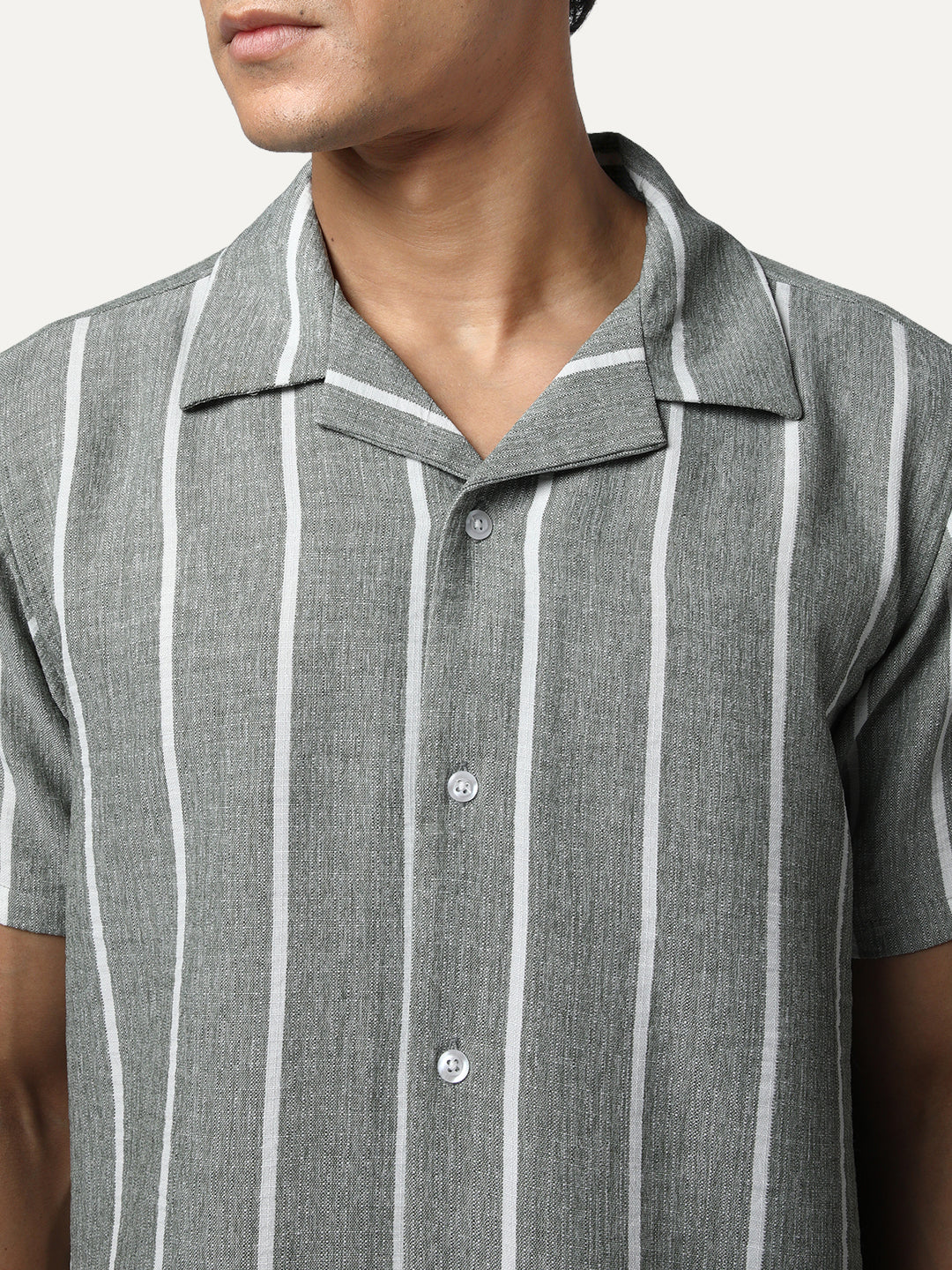 Men's Steel Cotton Half Sleeve Relaxed Fit Linen Striped Shirt with Cuban Collar - Image 6