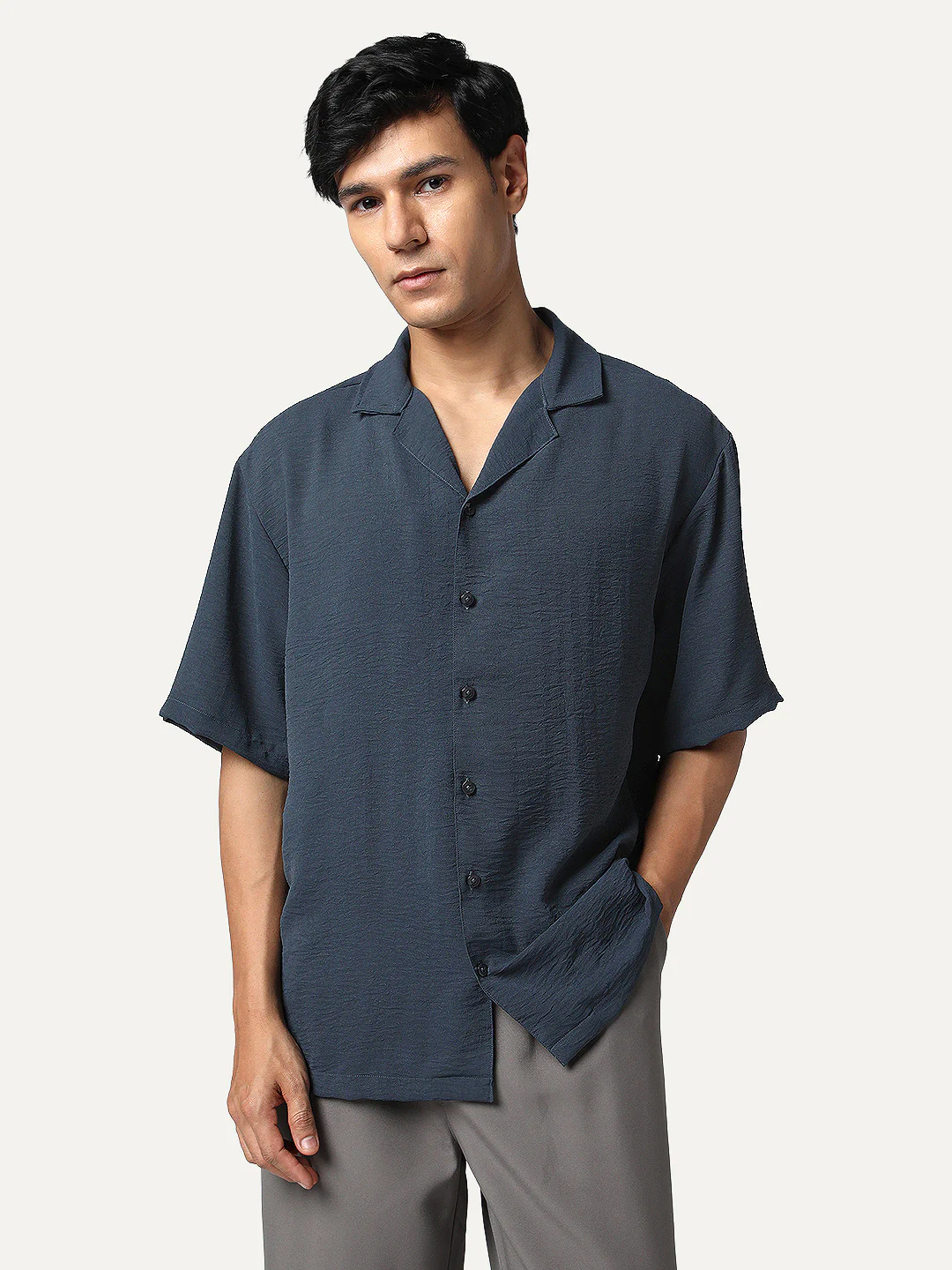 Men's Steel Cotton Half Sleeve Relaxed Fit Textured Shirt with Cuban Collar
