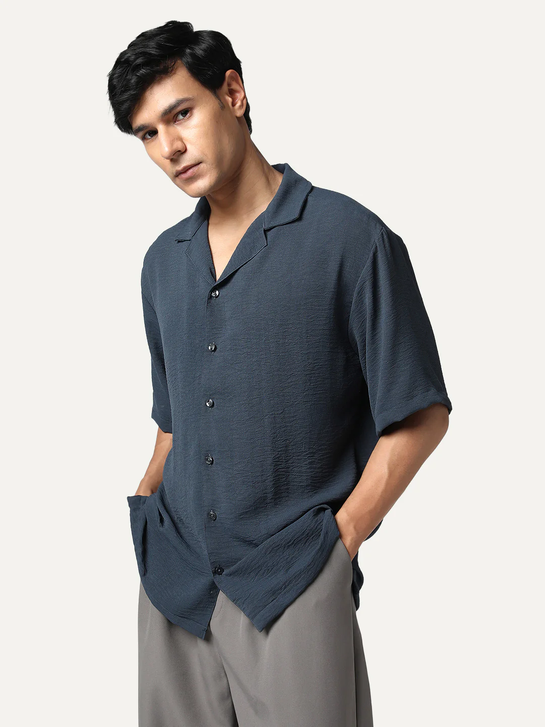 Men's Steel Cotton Half Sleeve Relaxed Fit Textured Shirt with Cuban Collar - Image 2