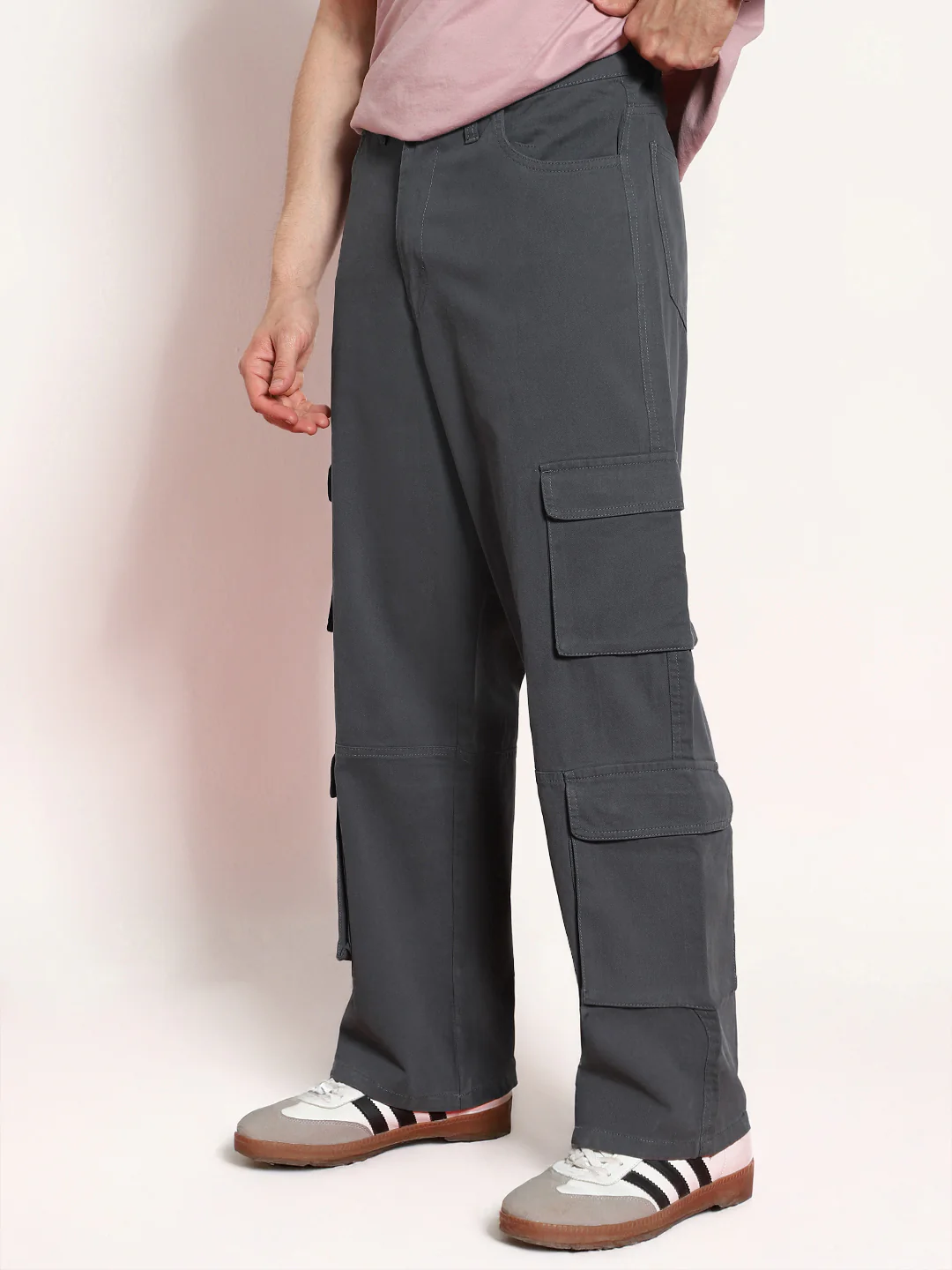 Men's Steel Grey Loose Baggy Fit Cargo Chino Pant with 8 Pockets Stretchable - Image 2