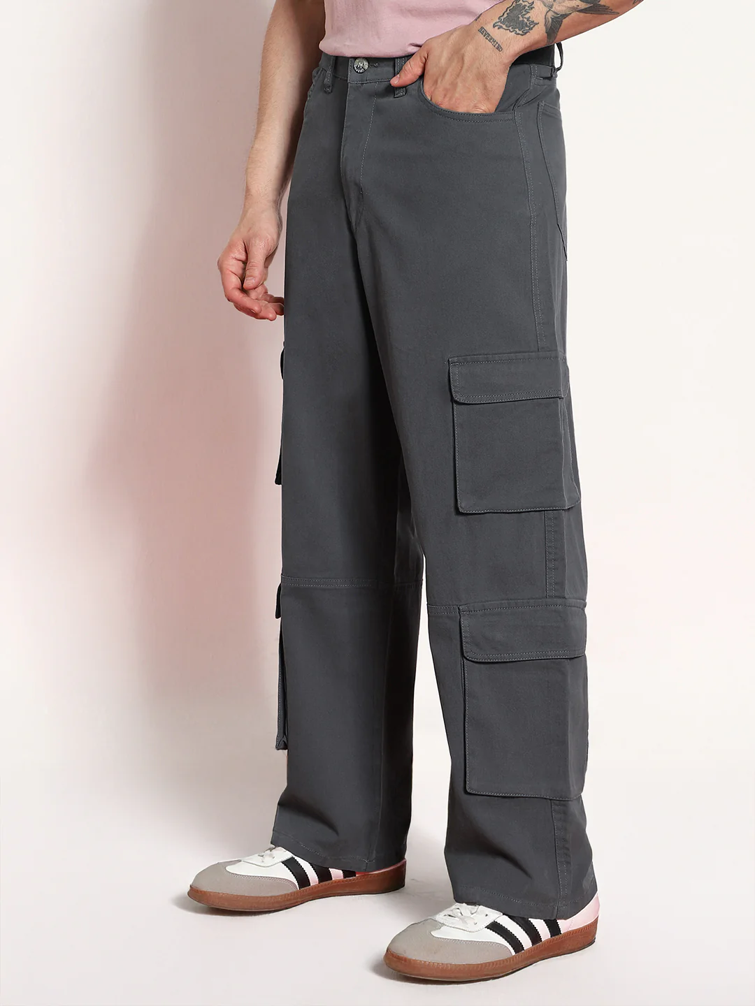 Men's Steel Grey Loose Baggy Fit Cargo Chino Pant with 8 Pockets Stretchable - Image 3