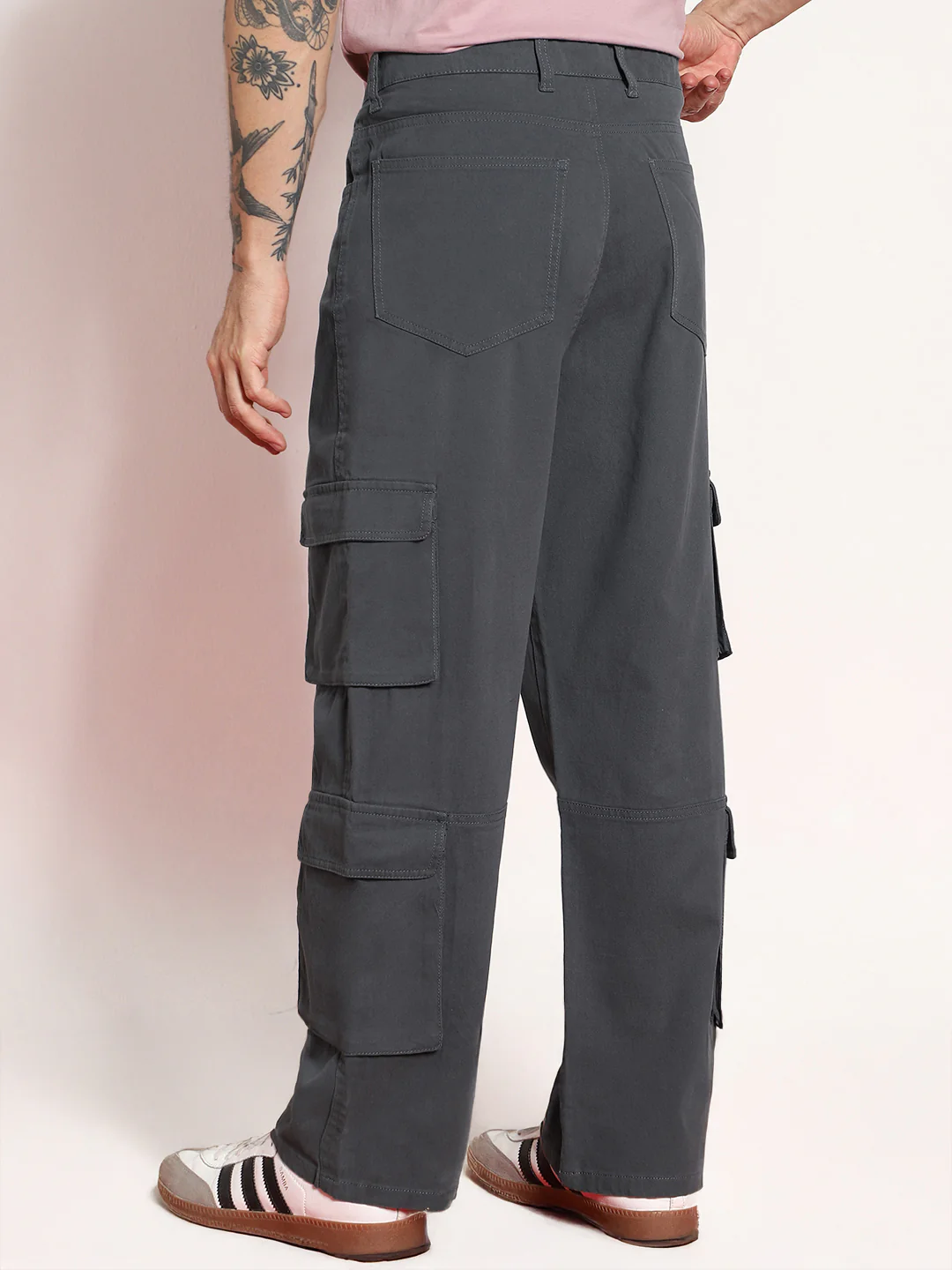 Men's Steel Grey Loose Baggy Fit Cargo Chino Pant with 8 Pockets Stretchable - Image 4