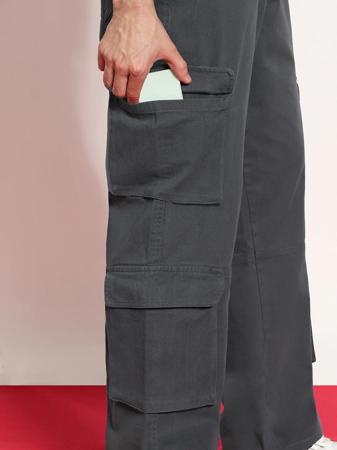 Men's Steel Grey Loose Baggy Fit Cargo Chino Pant with 8 Pockets Stretchable - Image 6