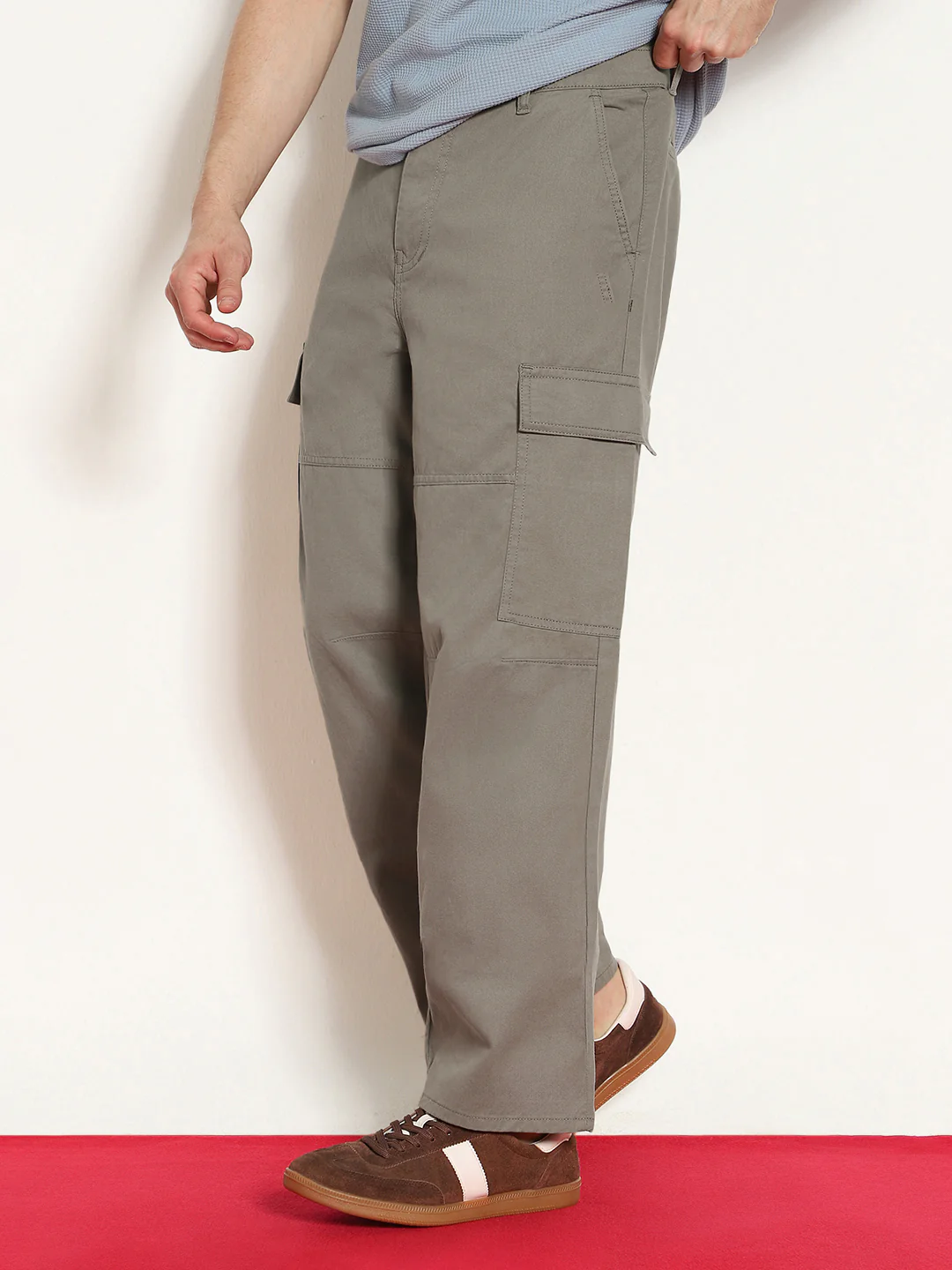 Men's Steel Grey Loose Baggy Fit Solid Cargo Chino Pant with 6 Pockets Non-Stretchable - Image 2