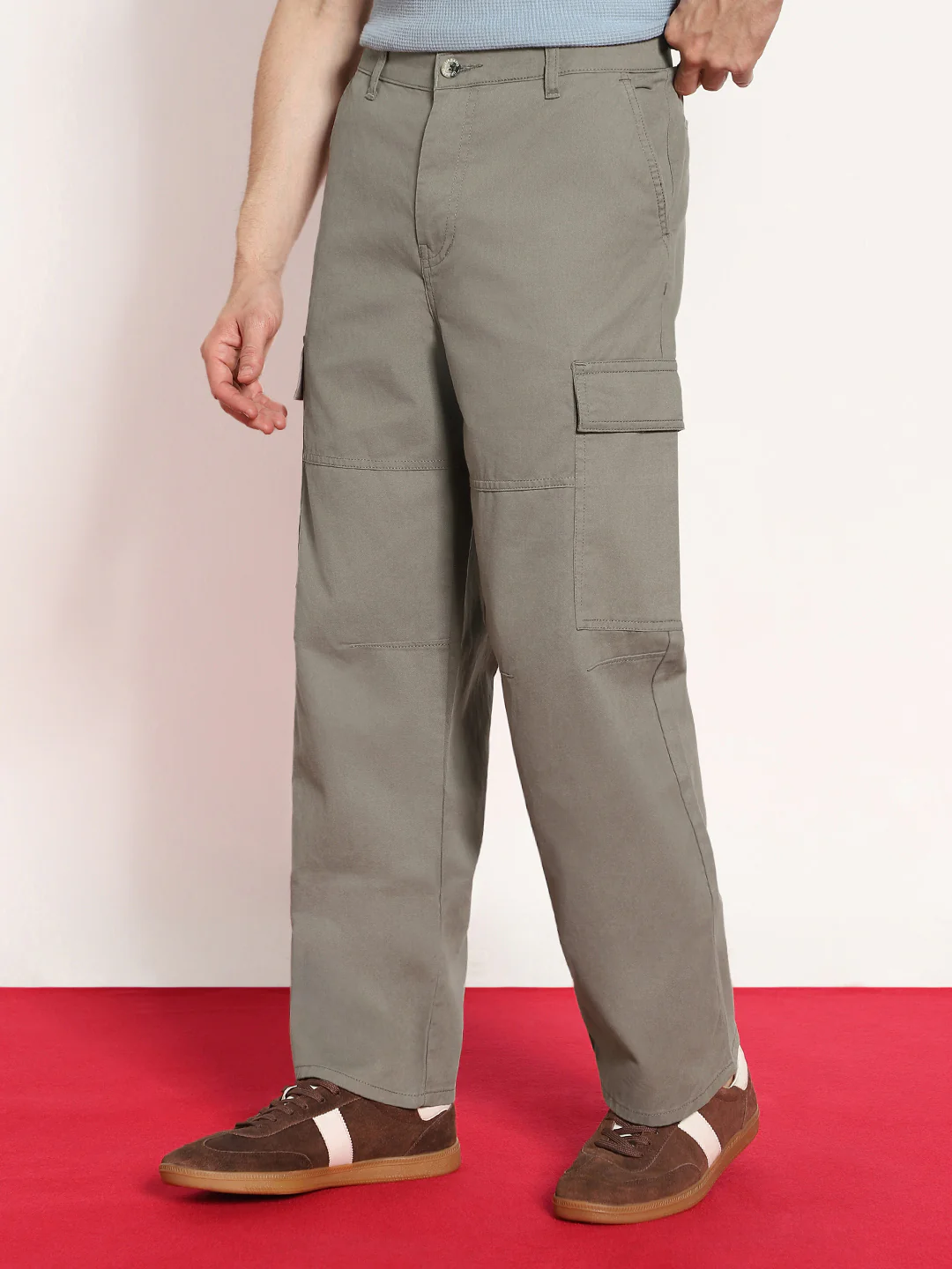 Men's Steel Grey Loose Baggy Fit Solid Cargo Chino Pant with 6 Pockets Non-Stretchable - Image 3