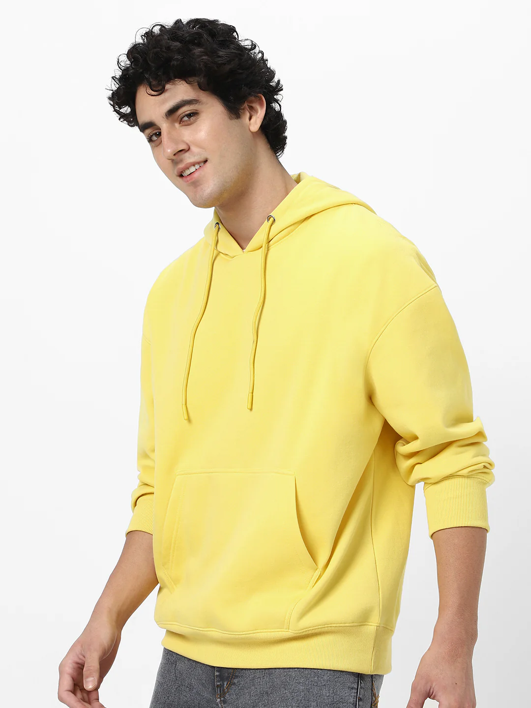 Men's Sun Yellow Cotton Solid Oversized Hooded Neck Sweatshirt - Image 2