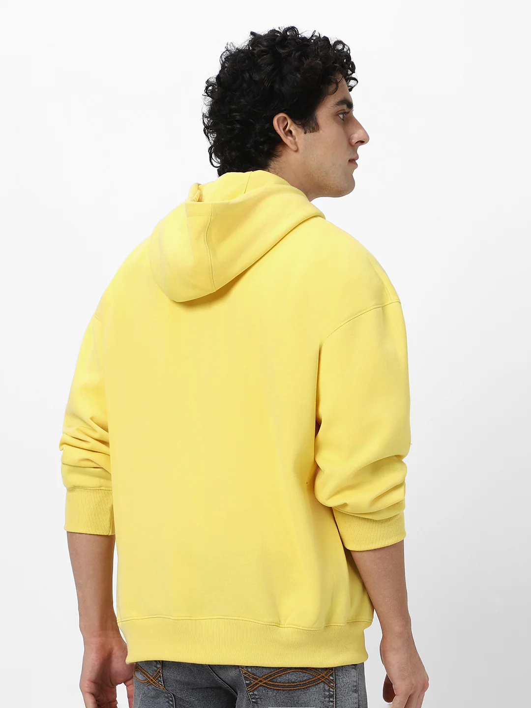 Men's Sun Yellow Cotton Solid Oversized Hooded Neck Sweatshirt - Image 3