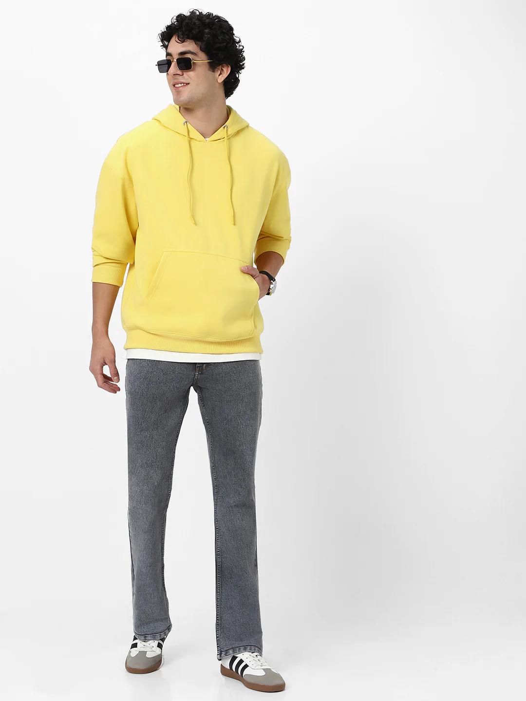 Men's Sun Yellow Cotton Solid Oversized Hooded Neck Sweatshirt - Image 4
