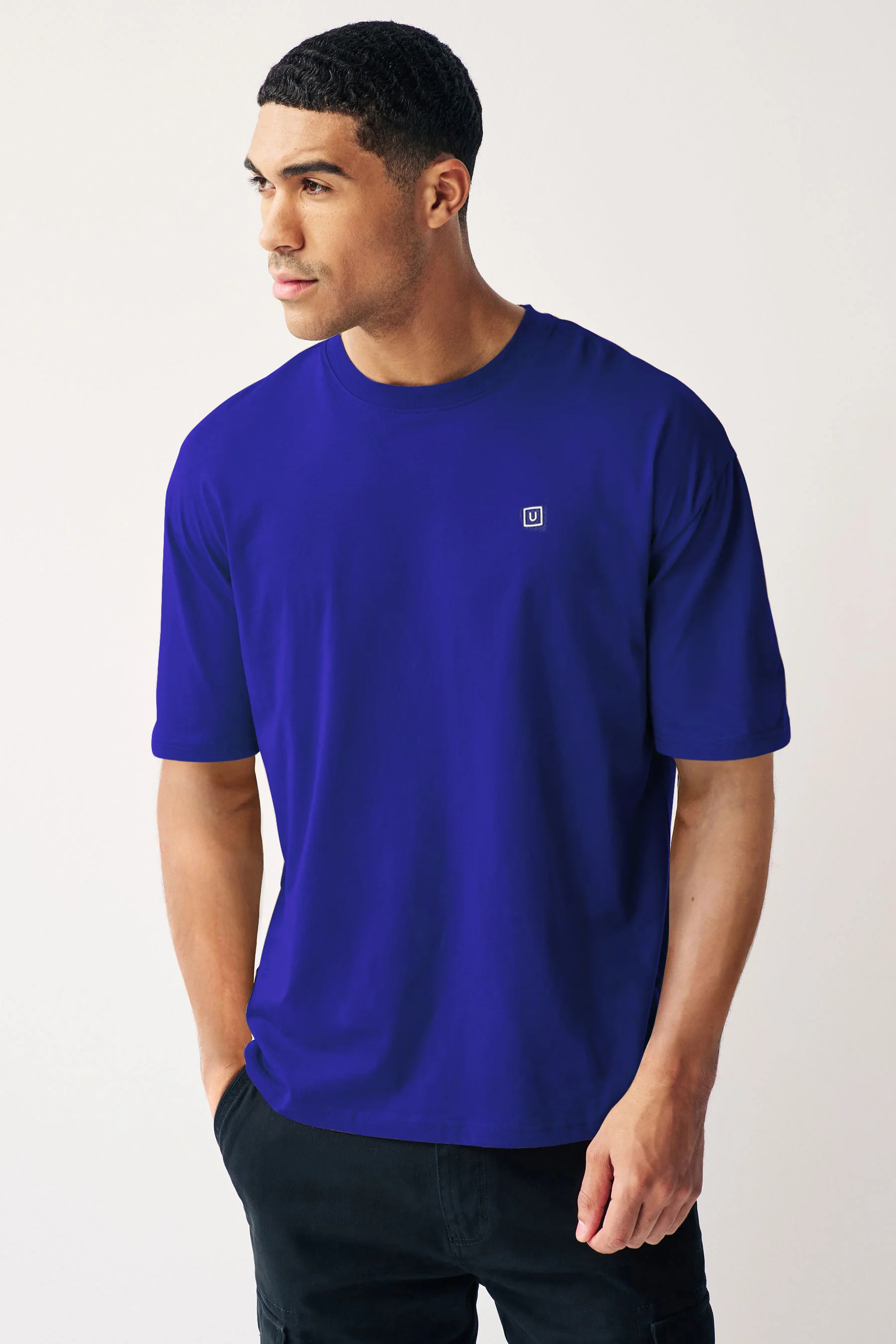 Men's Surf Blue Solid Round Neck Oversized Half Sleeve Cotton T-Shirt - Image 2