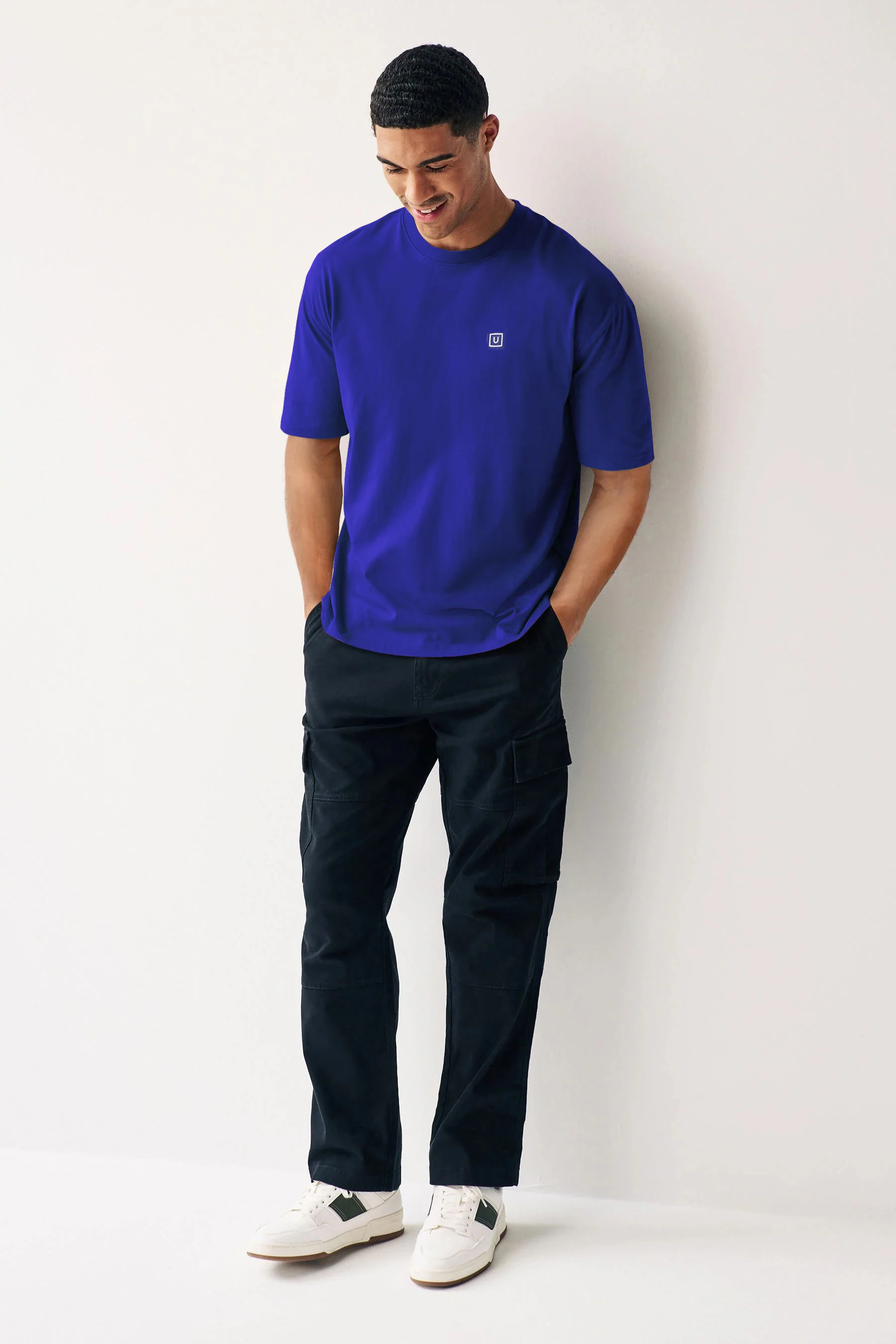Men's Surf Blue Solid Round Neck Oversized Half Sleeve Cotton T-Shirt - Image 4