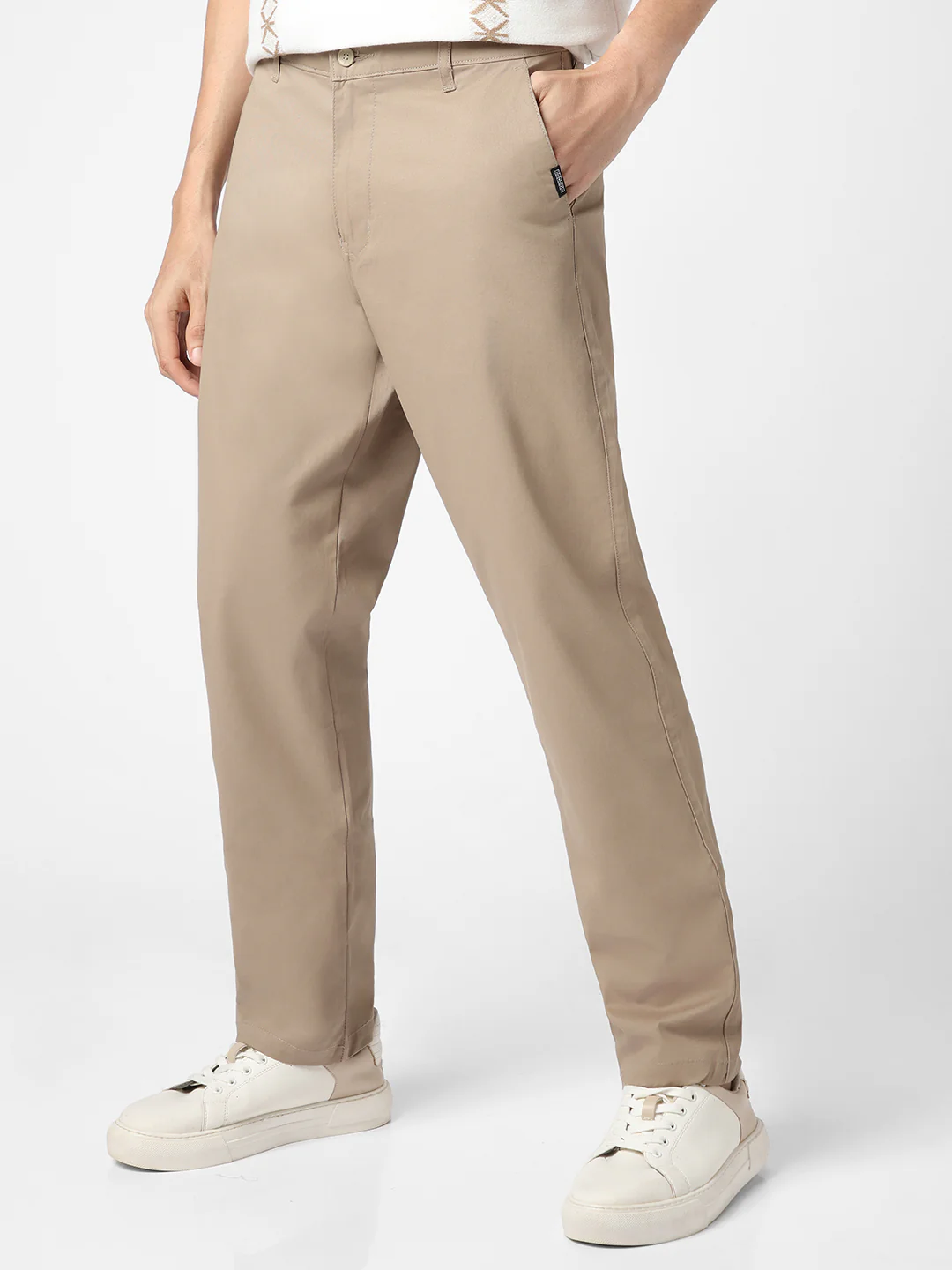 Men's Taupe Brown Cotton Regular Fit Casual Chinos Trousers Stretch - Image 2