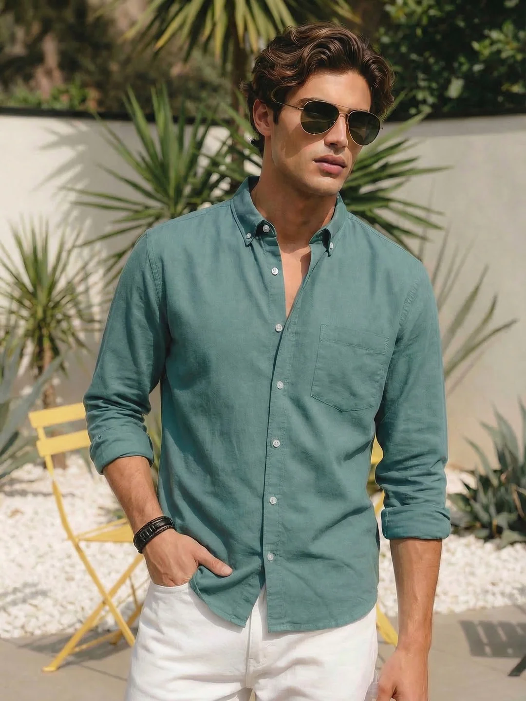 Men's Teal Green Cotton Full Sleeve Regular Fit Solid Oxford Shirt With Button-Down Collar